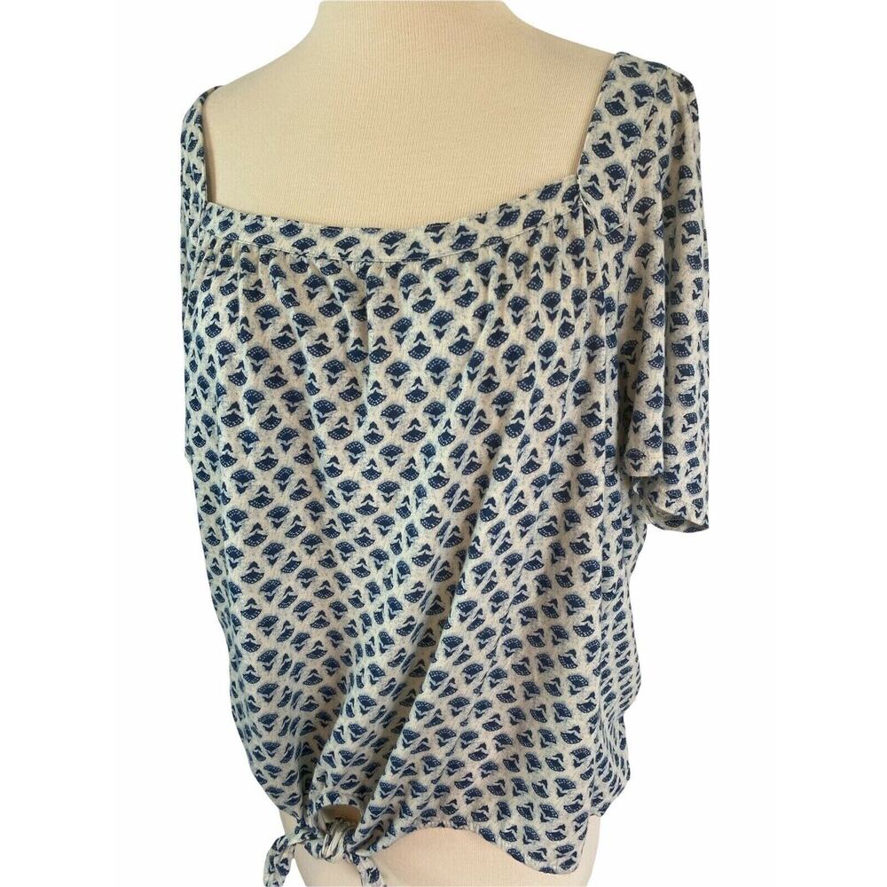Large Lucky Brand Short Sleeve Tie Waist Blouse Blue Gray - Picture 2 of 4